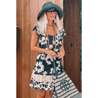 Floral Print Ruffle Sleeve Empire Waist Mini Dress - L thumbnail