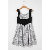 Black Sleeveless Leather Bustier Patchwork Paisley Floral Chiffon Dress - M thumbnail