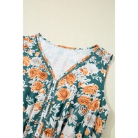 Green Floral Print Trimmed V Neck Tie Waist Sleeveless Holiday Long Dress - M thumbnail