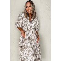 Khaki Floral Puff Sleeve V Neck Buttoned Front Maxi Dress - L thumbnail