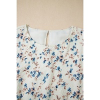 Beige Floral Puff Short Sleeve Empire Waist Mini Dress - L thumbnail