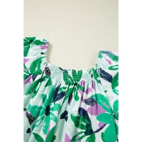 Green Floral Print Shirred Square Neck Loose Fit Mini Dress - M thumbnail