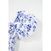 Sky Blue Floral Print Square Neck Bubble Sleeve High Waist Maxi Dress - L thumbnail