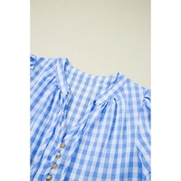 Sky Blue Gingham Short Sleeve Button Tie Split Neck Loose Mini Dress - L thumbnail