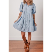 Beau Blue Shirt Collar Button Up Short Puff Sleeve Tiered Shift Dress - M thumbnail