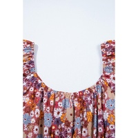 Red Floral Puff Sleeve Square Neck Knot Open Back Mini Dress - L thumbnail