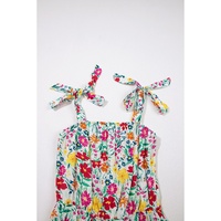 Red Floral Knotted Straps Cinched Waist Ruffle Hem Mini Dress - L thumbnail