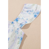 Sky Blue Floral Smocked High Waist Double Ruffle Sleeveless Long Dress - S thumbnail