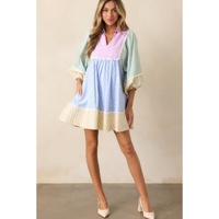 Multicolour Striped Patchwork Ric Rac Puff Sleeve Collared Mini Dress - L thumbnail
