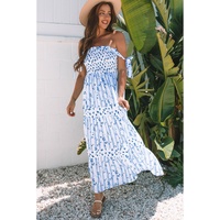 Sky Blue Floral Smocked Tied Straps A-Lined Tiered Maxi Dress - L thumbnail