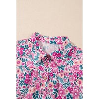 Pink Floral Collared Half Placket Short Sleeve Loose Dress - L thumbnail