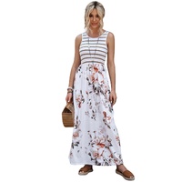 Azura Exchange White Striped Floral Print Sleeveless Maxi Dress with Pocket - M thumbnail