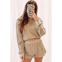 Azura Exchange Khaki Piping Trim Long Sleeve Terry Shorts Set - M thumbnail