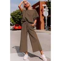 Brown Textured Loose Fit T Shirt and Drawstring Pants Set - L thumbnail