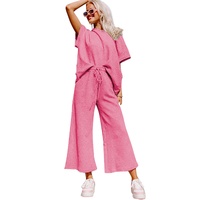 Strawberry Pink Textured Loose Fit T Shirt and Drawstring Pants Set - M thumbnail