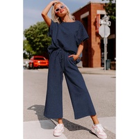 Navy Blue Textured Loose Fit T Shirt and Drawstring Pants Set - L thumbnail