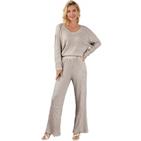Khaki Ribbed Knit V Neck Slouchy Two-piece Outfit - S thumbnail