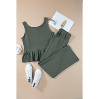 Duffel Green Solid Color Ribbed Ruffle Tank Top and Pants Set - M thumbnail