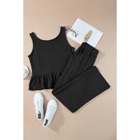 Black Solid Color Ribbed Ruffle Tank Top and Pants Set - M thumbnail
