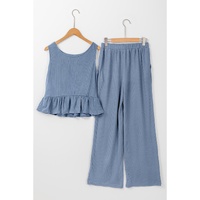 Beau Blue Solid Color Ribbed Ruffle Tank Top and Pants Set - M thumbnail