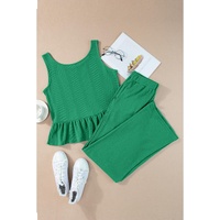Green Solid Color Ribbed Ruffle Tank Top and Pants Set - S thumbnail