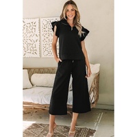 Black Textured Flutter Sleeve Top Wide Leg Pants Set - M thumbnail