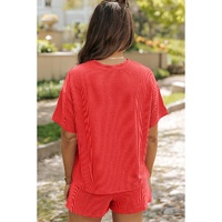 Orange Ribbed Textured Knit Loose Fit Tee and Shorts Set - M thumbnail