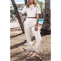 White Lattice Textured Cropped Tee and Jogger Pants Set - L thumbnail