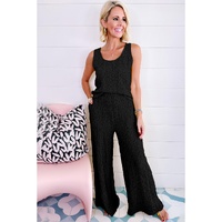 Black Crinkled U Neck Tank Top and Wide Leg Pants Set - L thumbnail