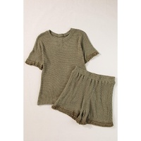 Laurel Green Fringe Trim Textured Short Two Piece Set - M thumbnail