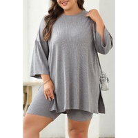 Light Grey Solid Color Loose Tunic Top and Slim Shorts Set - 2XL thumbnail
