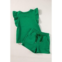 Bright Green Textured Ruffled Sleeve Tee and Drawstring Shorts Set - XL thumbnail