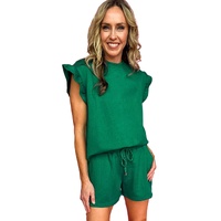 Dark Green Textured Ruffle Split Top and Drawstring Shorts - L thumbnail