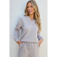 Light Grey Solid Textured Collared V Neck Top and Wide Leg Pants Set - M thumbnail