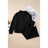 Black Solid Textured Collared V Neck Top and Wide Leg Pants Set - M thumbnail