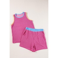 Bright Pink Corded Contrast Trim Sleeveless Top and Shorts Set - XL thumbnail