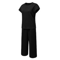 Black Solid Color Textured Short Sleeve Top and Casual Pants Set - M thumbnail
