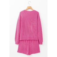 Strawberry Pink Corded Textured Long Sleeve Top and Shorts Set - L thumbnail