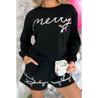Black Sequin Merry Graphic Pullover and Shorts Outfit - L thumbnail