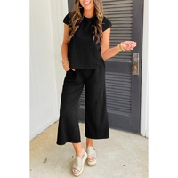 Color black Textured Knit Cap Sleeve T Shirt and Wide Leg Pants Set - XL thumbnail