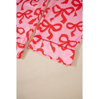 Pink 2pcs Bow Print Shirt Style Long Sleeve Pajama Set - S thumbnail
