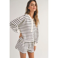 Black white Stripes Printed Half Button Long Sleeve Top and Shorts Set - L thumbnail