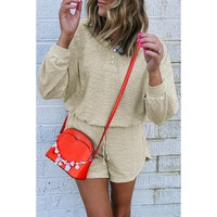 Parchment Textured Buttoned Long Sleeve Top 2 Piece Shorts Set - XL thumbnail