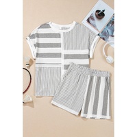 Gray Stripe Mixed Print Short Sleeve Top and Pocketed Shorts Set - M thumbnail