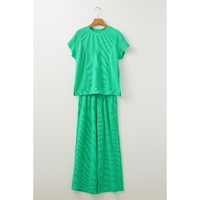 Bright Green Solid Corded Knit Short Sleeve T Shirt and Wide Leg Pants Set - XL thumbnail