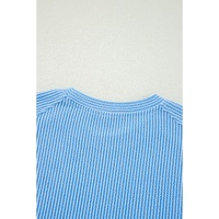 Blue Solid Corded Knit Short Sleeve T Shirt and Wide Leg Pants Set - L thumbnail