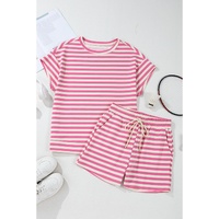 Rose Stripe Crew Neck T Shirt and Drawstring Shorts Set - L thumbnail