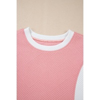 Pink Textured Colorblock Patchwork Tee Two Piece Shorts Set - M thumbnail