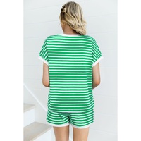 Dark Green Striped Cap Sleeve Tee and Shorts Set - L thumbnail