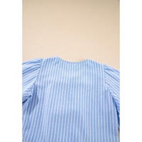 Sky Blue Striped Bowknot Detail Puffy Sleeve Top and Shorts 2Pcs Set - L thumbnail